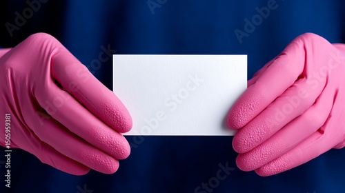 A person holding a blank card. The individual is wearing bright pink gloves against a dark blue background. This image shows approachability and cleanliness.