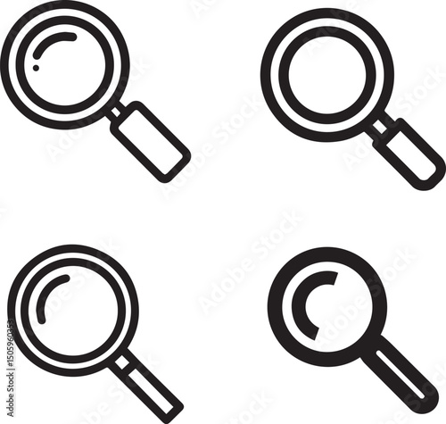Magnifying Glass Icon Set. 4 Bold Search Symbols in Vector Line Style