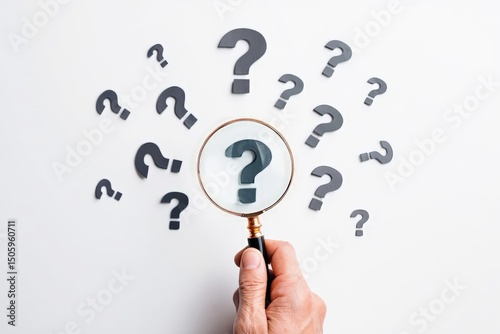Question mark and root cause analysis concept. Hand holding magnifying glass over large question mark surrounded by smaller ones on white background, symbolizing analysis and problem-solving. solution