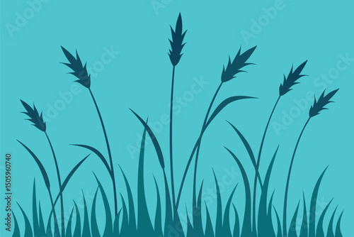 dark grass silhouettes, minimalist background, turquoise blue, detailed organic shapes, simple linear design, natural shapes, botanical illustration
