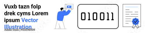 Person presenting video tutorial, binary code symbolizing data, certified document with checkmark. Ideal for education, technology, programming, business, certification, tutorials simple landing