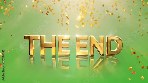 The end text in golden color with spark particles on green background used for final message in videos presentations or closing content for media projects and clips