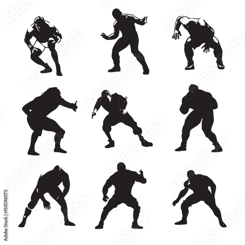 wrestler silhouette set, Black & White silhouette set