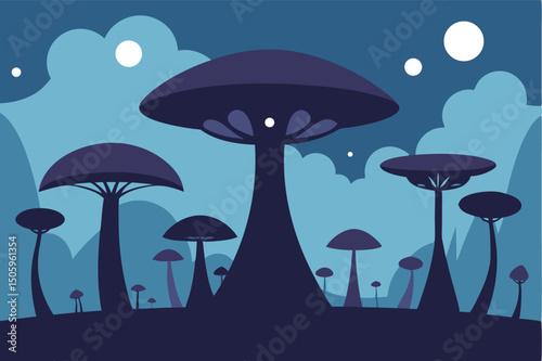 intricate fantasy landscape, dark mushrooms under a night sky, glowing mushrooms, serene atmosphere, detailed environment, mystical, whimsical, digital art, fantastical
