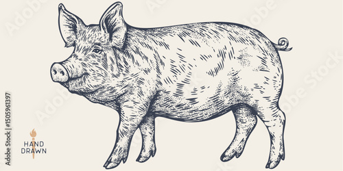 Pork, pig, hog, meat tag label. Template Meat Tag Label. Vintage print, tag, label farm pig sketch ink pencil style drawing. Butchery, pork pig farm, meat shop, text, typography. Vector Illustration