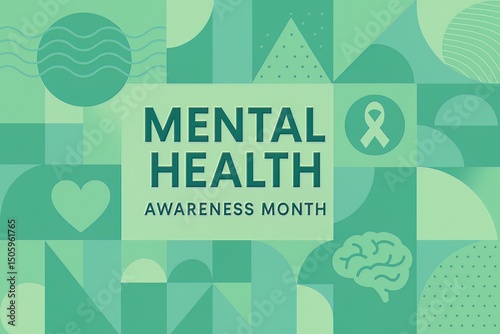 Mental health awareness month graphic with geometric shapes and symbols in shades of green