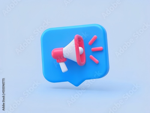 3D Blue Speech Bubble with Red Megaphone Icon for Announcements Notifications Marketing Design