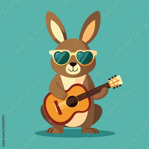 Cartoon rabbit wearing sunglasses and playing a guitar on a vibrant turquoise background