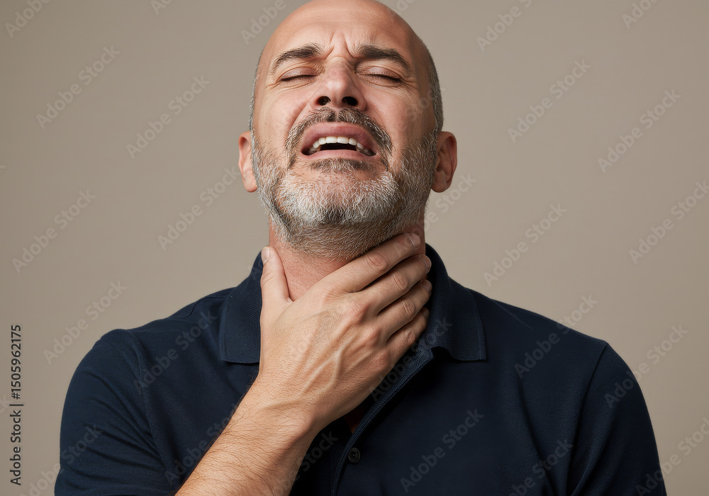 Obraz premium Portrait of a white man touching his neck and showing signs of discomfort or pain, suggesting sore throat, inflamed lymph nodes, or neck strain. Neutral gray background. Health and illness theme.