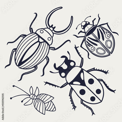 Various insects including mosquito bee wasp and housefly in vector illustration style