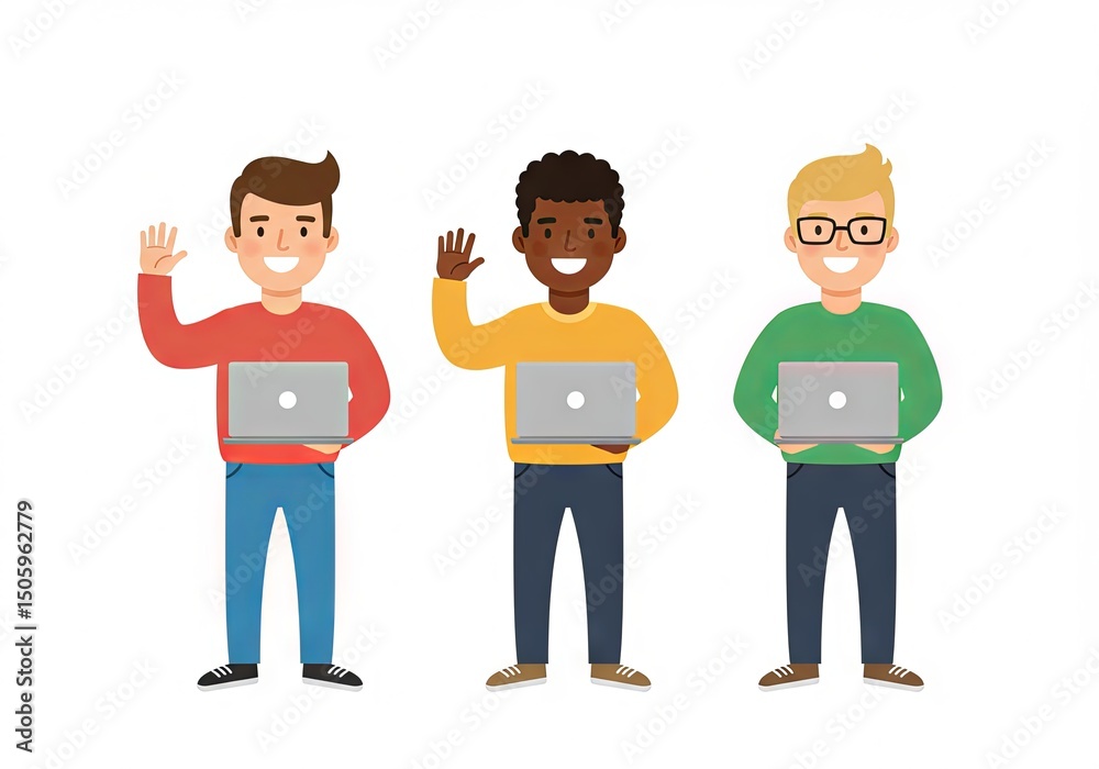 Obraz premium Flat vector illustration of three smiling young men holding laptops and waving hands, isolated on a white background. Great for technology websites, developer communities, and teamwork graphics.