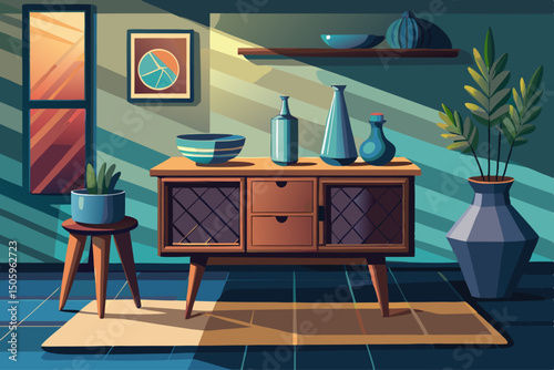 vector of A modern table with a dark cabinet and pottery is placed on the table