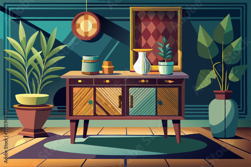 vector of A modern table with a dark cabinet and pottery is placed on the table