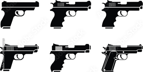 Set of Black Silhouette Handguns in Side View