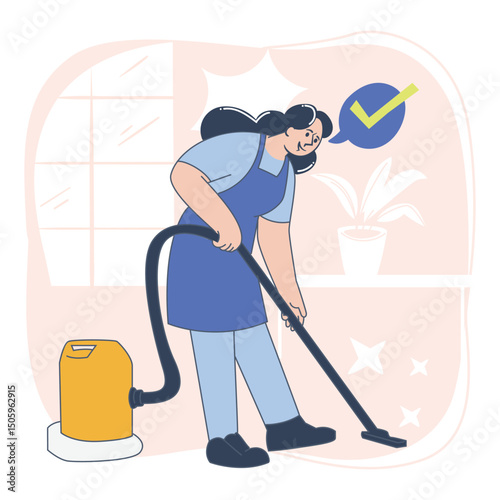 Female Worker Using Vacuum Cleaner, Flat Vector Cleaning Concept