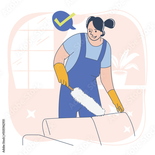 Dusting Sofa Female Cleaning Service Worker in Flat Design