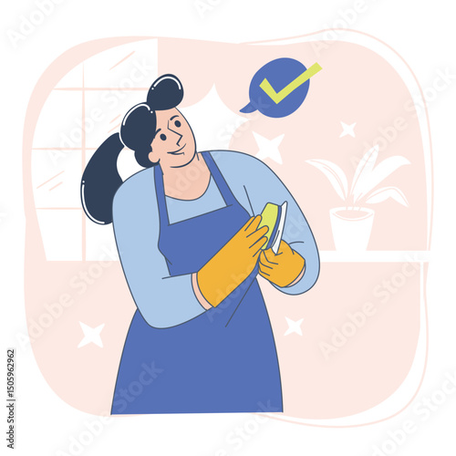 Cleaning with Sponge Female Cleaner in Cartoon Style