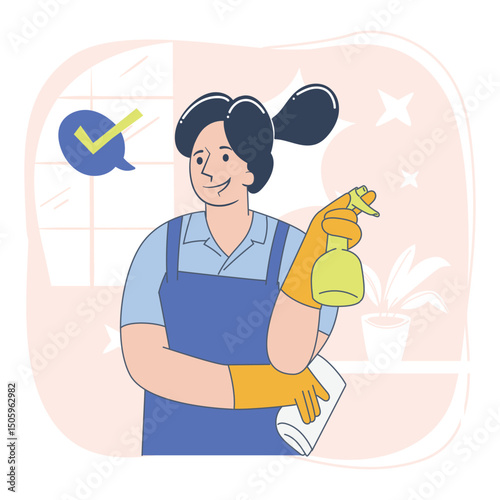 Surface Cleaning Woman Holding Spray Bottle and Cloth