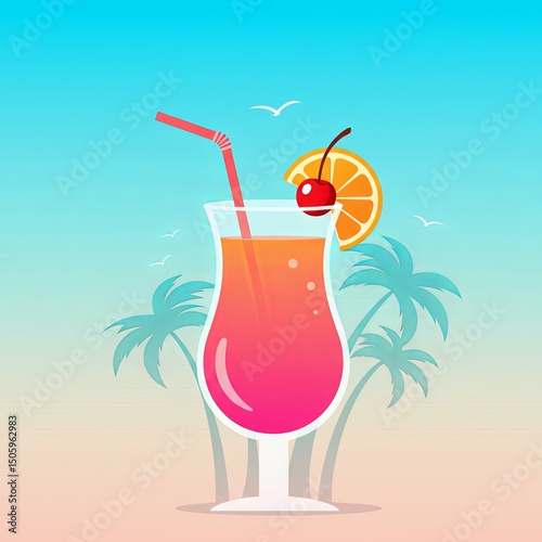 Vector illustration of a pink tropical cocktail with ice, garnished with an orange slice and cherry on a straw. Palm trees and flying seagulls in the soft gradient beach background. Ideal for travel p