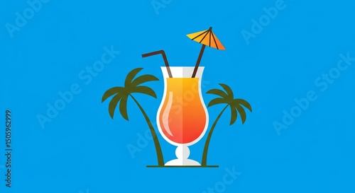 Vector illustration of a tropical cocktail with gradient orange-red color in a hurricane glass, decorated with a straw and a mini umbrella. Palm trees in the background on a blue sky. Perfect for summ