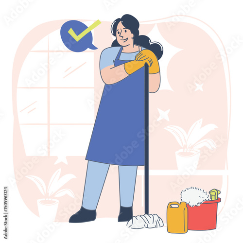 Housekeeper Illustration, Cleaning Service Concept, Flat Cartoon Style