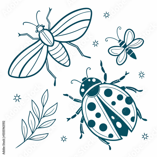 Various insects including mosquito bee wasp and housefly in vector illustration style