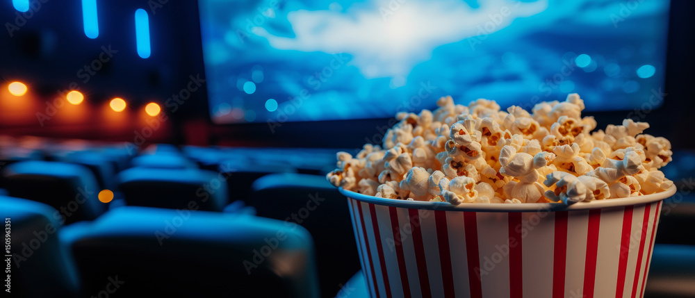 close-up of fresh, fluffy popcorn against the backdrop of a movie theater close-up of fresh, fluffy popcorn against the backdrop of a movie theater