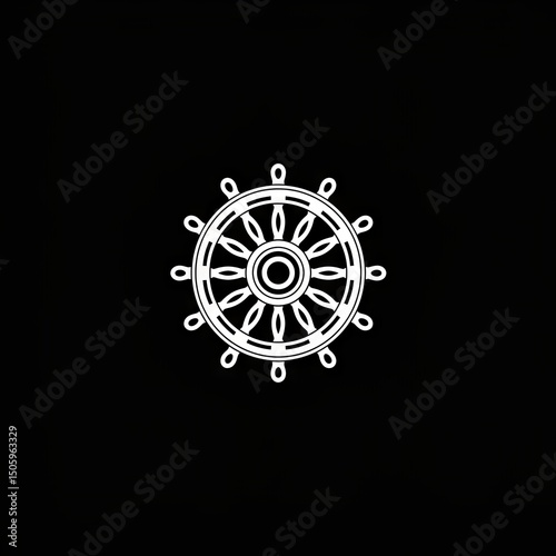 Sacred black and white mandala resembling the Buddhist Dharmachakra (Wheel of Dharma) on a black background. Ideal for spiritual design, meditation, or religious visuals.