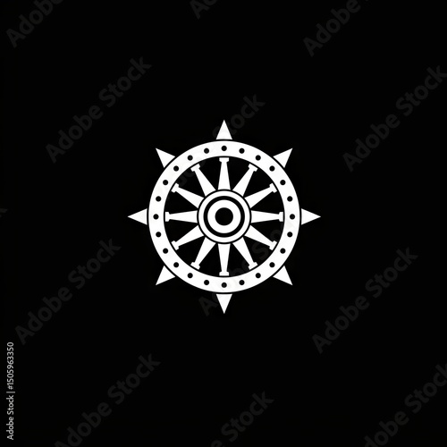 Sacred black and white mandala resembling the Buddhist Dharmachakra (Wheel of Dharma) on a black background. Ideal for spiritual design, meditation, or religious visuals.