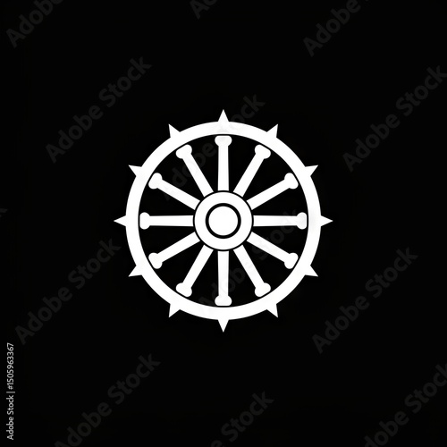 Sacred black and white mandala resembling the Buddhist Dharmachakra (Wheel of Dharma) on a black background. Ideal for spiritual design, meditation, or religious visuals.