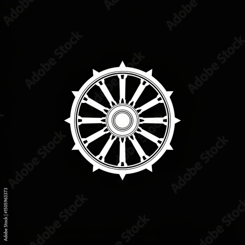 Sacred black and white mandala resembling the Buddhist Dharmachakra (Wheel of Dharma) on a black background. Ideal for spiritual design, meditation, or religious visuals.