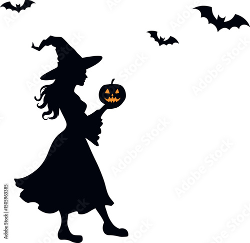 Halloween Night Witch with Pumpkin and Flying Bats Image