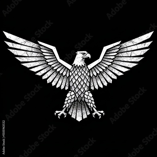 Detailed black and white illustration of a stylized eagle with spread wings on a black background. Suitable for symbolism, heraldry, power, or tattoo references.