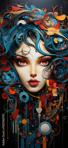a stylized face of a woman with bright, glowing eyes and voluminous, abstract elements forming her hair and surroundings