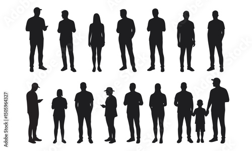 Set of People Silhouettes Standing with Natural Posture and Gestures – Vector Format for User Interfaces, Web Design, Business Cards, and Promotional Graphics