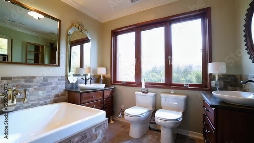 Luxurious modern bathroom with sunlit tub and elegant fixtures in daylight ambiance