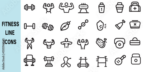 Collection of minimalist black line icons representing fitness exercises and health equipment
