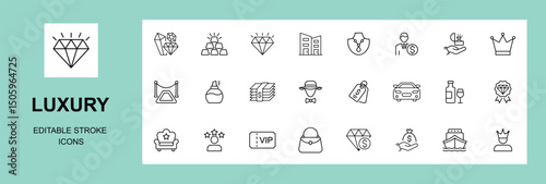 Luxury icon set. Containing diamond, rich, gem, gold, assets, expensive, jewelry, VIP, wealth and money icons. Solid icon collection, Editable stroke.