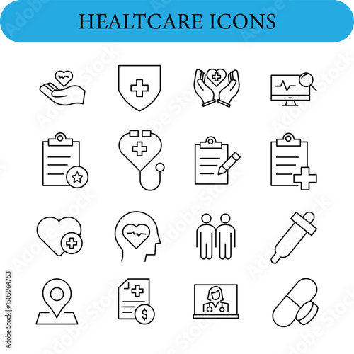 Healthcare set of web icons in line style. Medicine and Health Care linear icon collection.