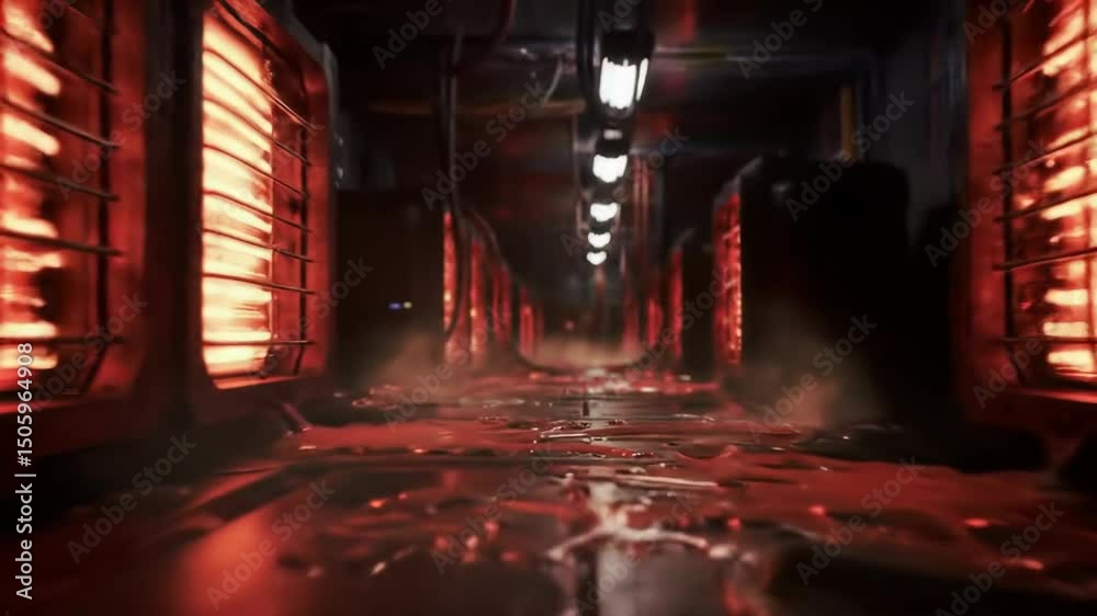 Futuristic corridor with red neon lights reflecting on wet metal floor in motion