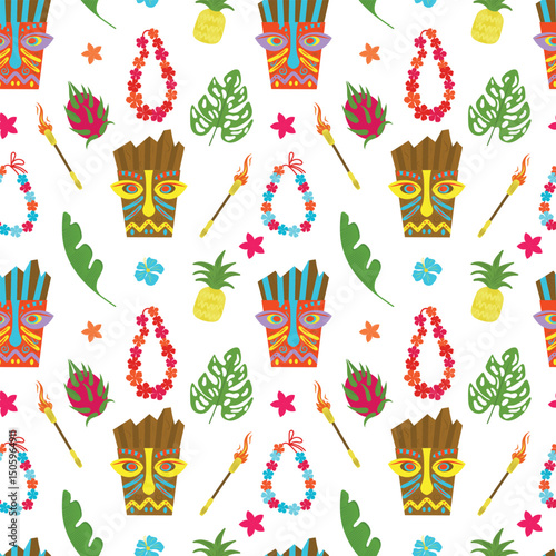 Tropical hand drawn seamless pattern. Tiki mask, leaves, lei necklace, pineapple, dragon fruit, fire wicks. Vector illustration in cartoon style. Tropical pattern.