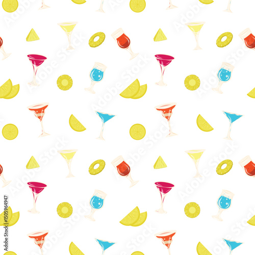 Cocktails hand drawn seamless pattern. Glass of cocktail, lemon slices, pineapple slices. Alcohol cocktail. Vector illustration in cartoon style.