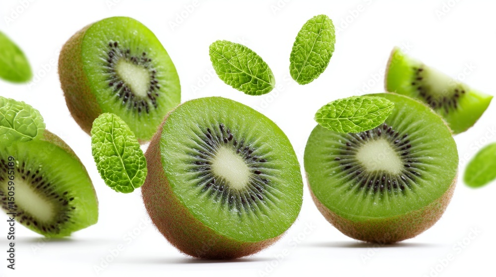 Fototapeta premium Fresh Kiwi Fruit with Mint Leaves - Juicy kiwi fruit slices and fresh mint leaves falling, symbolizing freshness, health, vitality, nature, and deliciousness