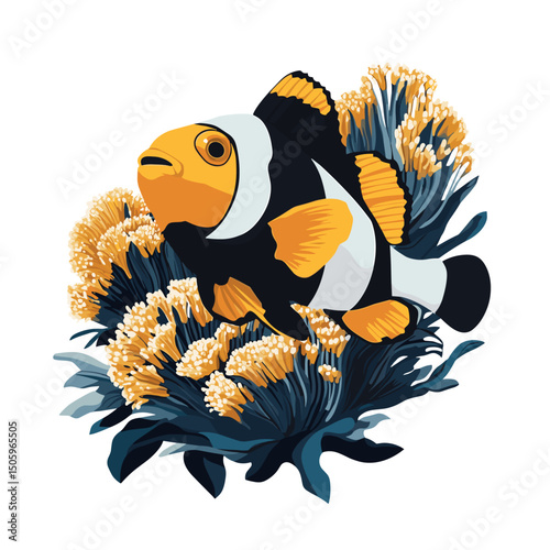 Colorful cartoon vector illustration of a tropical clownfish swimming underwater near a coral reef