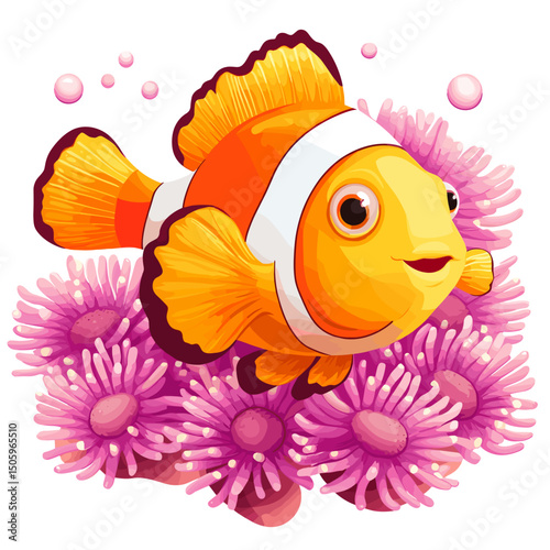 Colorful cartoon vector illustration of a tropical clownfish swimming underwater near a coral reef