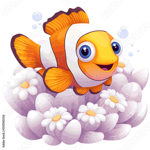 Colorful cartoon vector illustration of a tropical clownfish swimming underwater near a coral reef