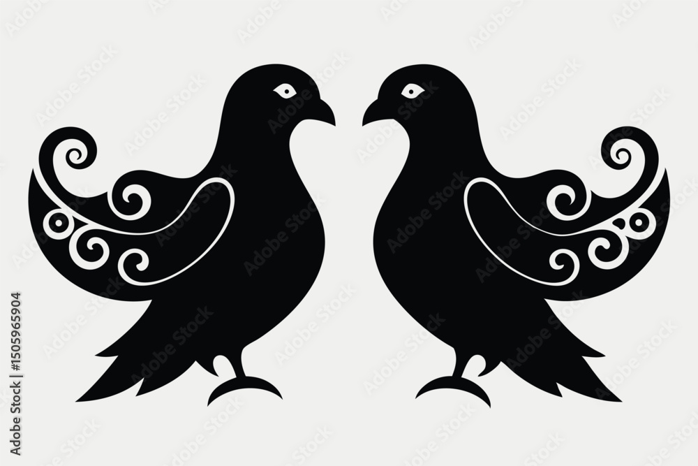Fototapeta premium Vector illustration of two cute cartoon doves, a couple of birds on a branch, or flying pigeons on a white background, symbolizing love and peace