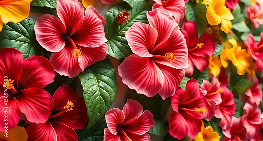 Obraz premium Vibrant red and yellow hibiscus flowers close up