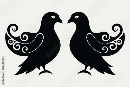 Vector illustration of two cute cartoon doves, a couple of birds on a branch, or flying pigeons on a white background, symbolizing love and peace