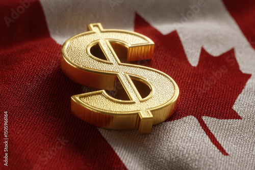 A golden symbol of the Canadian dollar is placed prominently on the red and white Canadian flag, which features the maple leaf, representing national pride and economy